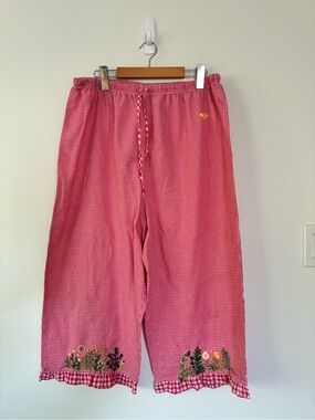 Hand-Embroidered Red Gingham Capri Pajama Pants